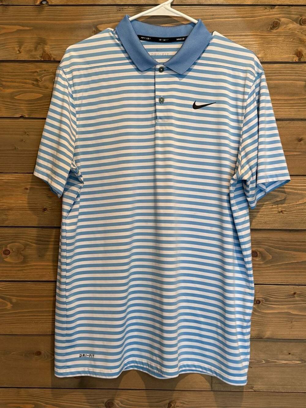 Nike Polo Shirt Mens Large Blue Striped Drifit Performance Swoosh Golf